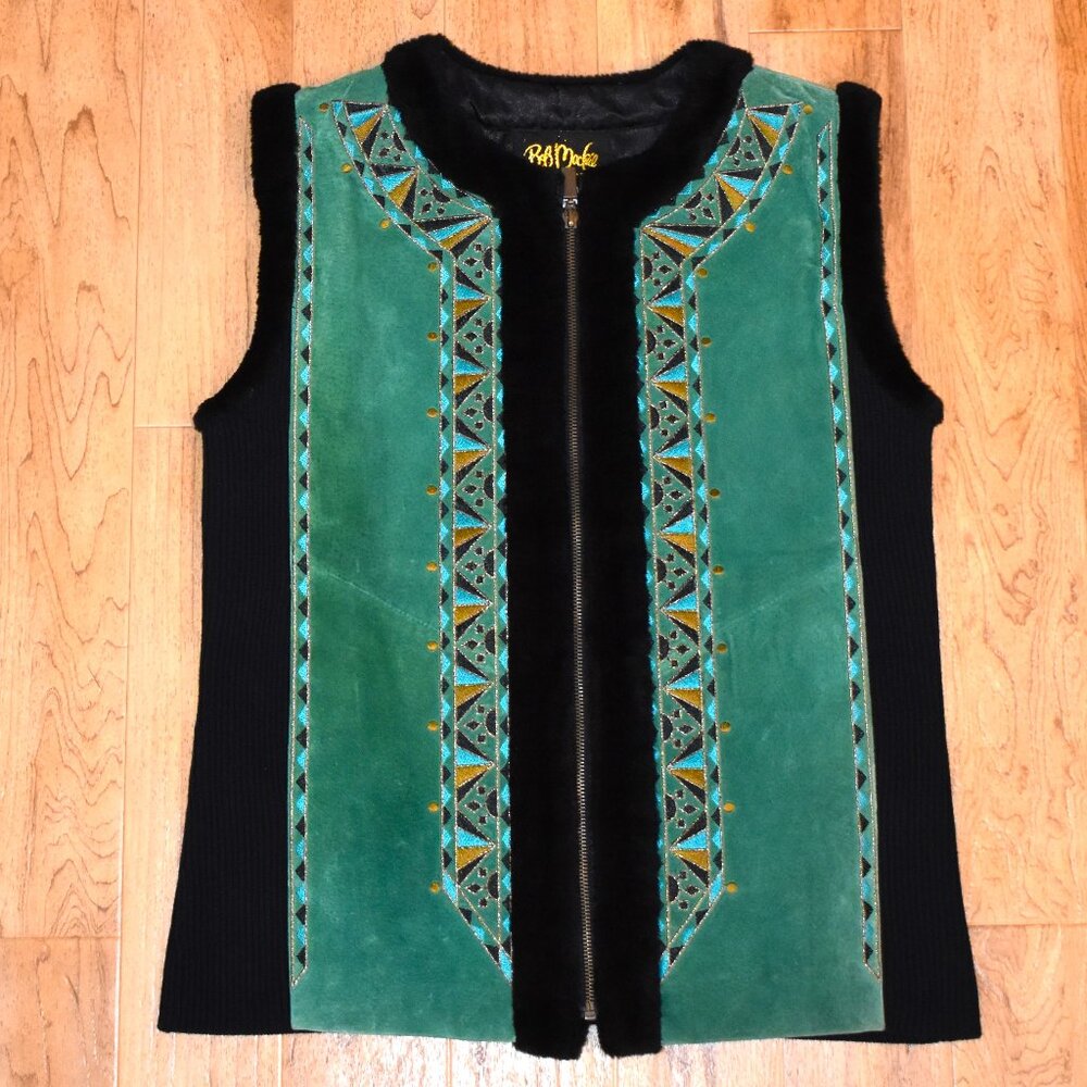 Bob Mackie Black and Teal Suede Vest with Embroidered Trim